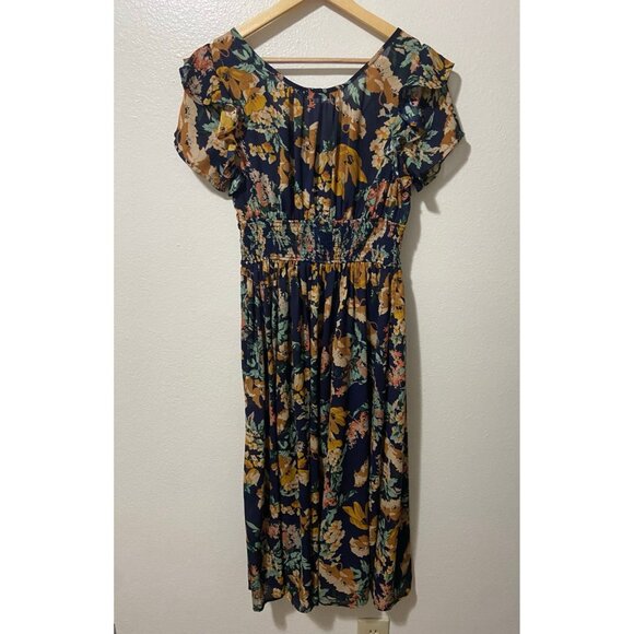 Wayward Fancies Eshakti Women's Navy Blue Floral Boho Midi Flutter Dress Large - Picture 3 of 9